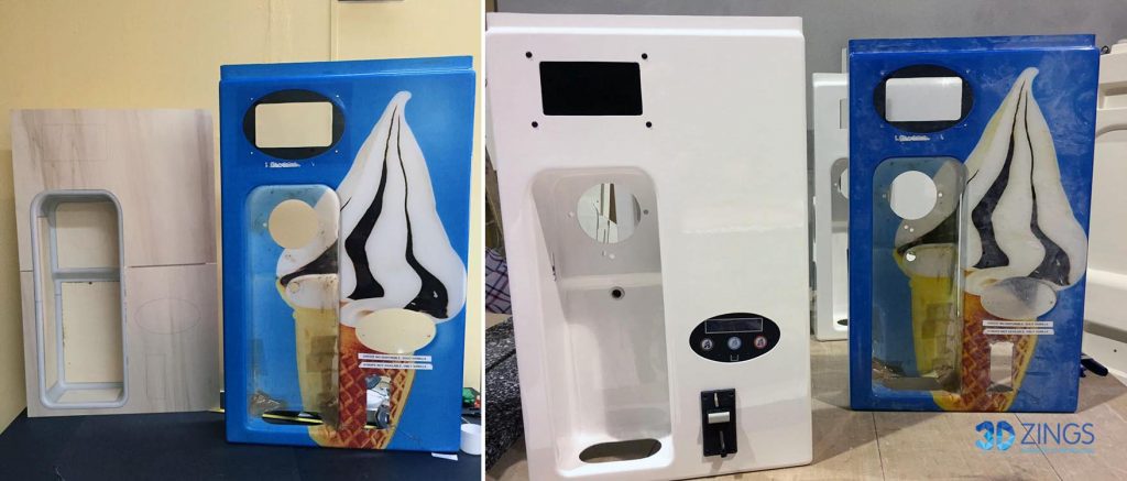 Imagen del proceso de impresión 3D de una carcasa de máquina de helado.